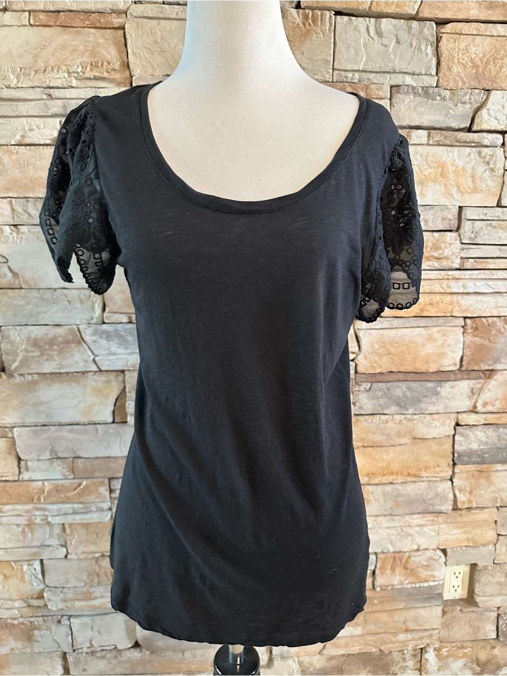 Boston Proper Black T-shirt with Lace Cap Sleeves